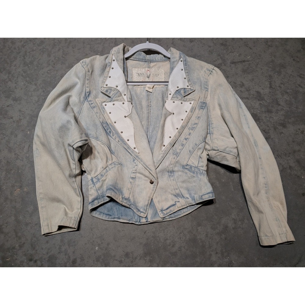 Vintage 80s? Acid Wash Denim Jacket Studded‎ Leather Trim Western Cropped M READ